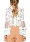 Sexy Women Floral Lace Flared Sleeve Blouse Transparent Mesh Long Sleeve Elegant Party Slim Top White