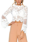 Sexy Women Floral Lace Flared Sleeve Blouse Transparent Mesh Long Sleeve Elegant Party Slim Top White