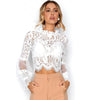 Sexy Women Floral Lace Flared Sleeve Blouse Transparent Mesh Long Sleeve Elegant Party Slim Top White