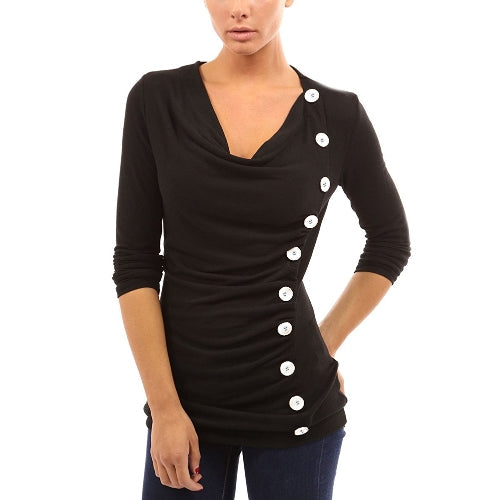 جديد أزياء المرأة تي شيرت ثنى الخامس الرقبة تي شيرت 10 أزرار الديكور كم طويل المحملة القمم السترة