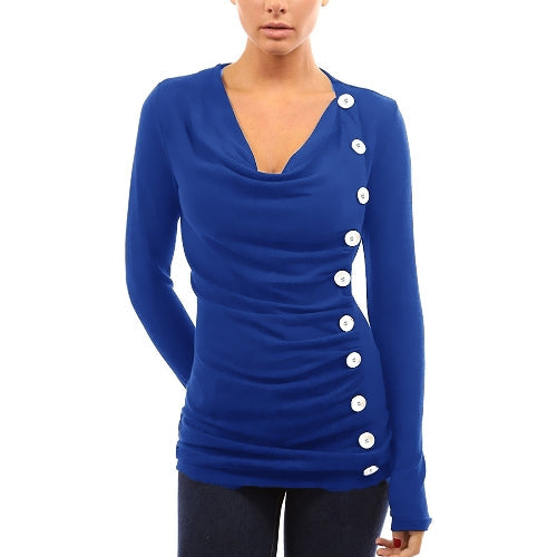 جديد أزياء المرأة تي شيرت ثنى الخامس الرقبة تي شيرت 10 أزرار الديكور كم طويل المحملة القمم السترة