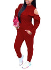 New Sexy Women Cold Shoulder Two-Piece Set O Neck Long Sleeve Ruffle Top High Waist Pants Suit