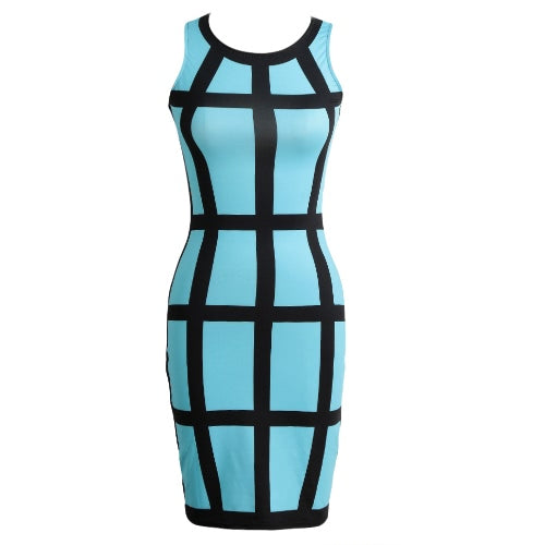 Sexy Women Mini Bodycon Dress Color Block Stripe O Neck Sleeveless Party Clubwear Slim Sundress