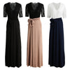 New Fashion Women Maxi Dress Lace Splice Thigh Split V Neck Half Sleeve Belt Slim Elegant Long Dress Black/Pink/Dark Blue