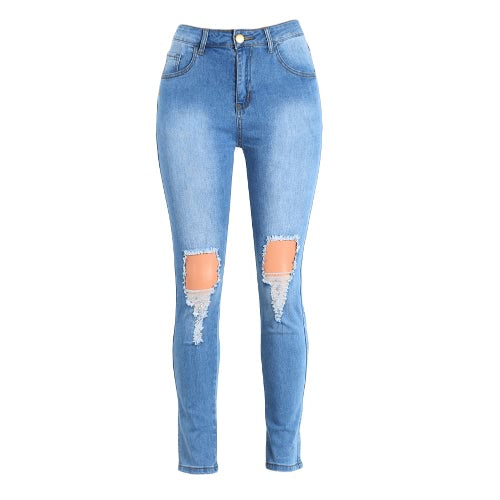 Sexy Women High Waist Ripped Jeans Destroyed Frayed Hole Zipper Fly Skinny Denim Pants Pencil Trousers Blue