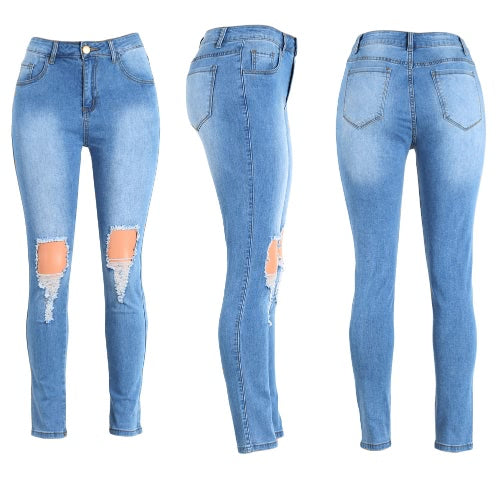 مثير المرأة عالية الخصر ممزق الجينز دمرت المتوترة هول سستة يطير نحيل الدينيم السراويل قلم رصاص بنطلون أزرق