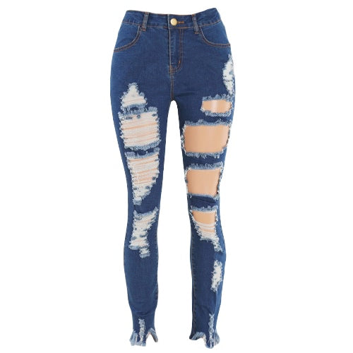 جديد إمرأة ممزق جينز الدينيم دمرت المتوترة هول سستة جيوب عادية نحيل سروال شكل قلم رصاص بنطلون الجوارب الأزرق