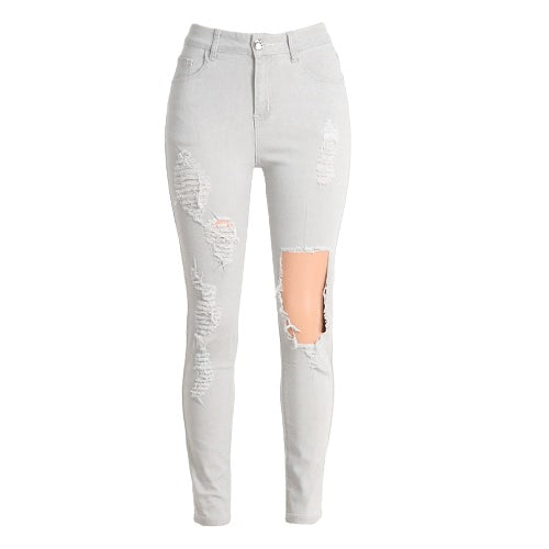 جديد مثير المرأة الجينز ممزق هول الجوارب عالية الخصر نحيل Bodycon السراويل قلم رصاص بنطلون رمادي فاتح