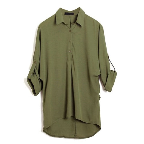 Spring Women Blouse Chiffon Shirt Long Sleeve Turn-down Collar Asymmetric Casual Loose Top Black/Green/White