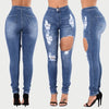 New Women Ripped Jeans Bodycon Denim Destroyed Frayed Hole Zipper Pockets Casual Pants Trousers Blue