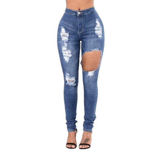 New Women Ripped Jeans Bodycon Denim Destroyed Frayed Hole Zipper Pockets Casual Pants Trousers Blue