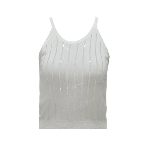 Women Slim Knitted Camisole Top Hollow Out Tank Sleeveless Basic Solid Stretchy Vest Black/White