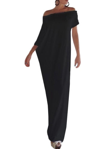 Sexy Summer Women Boho Long Maxi Dress Slash Neck Off Shoulder Solid Casual Loose Plus Size Dress White/Black