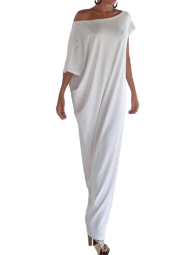 فستان بوهو طويل ماكسي صيفي مثير للنساء، رقبة مائلة بدون أكتاف، فستان فضفاض غير رسمي مقاس كبير أبيض/أسود