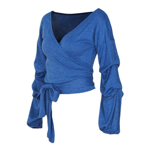 Sexy Women Crop Top Blouse Deep V-Neck 3/4 Sleeves Straps Solid Color Elegant Casual Top