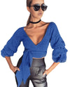 مثير نساء محصول بلوزة عميقة V-neck 3/4 الأكمام الأشرطة