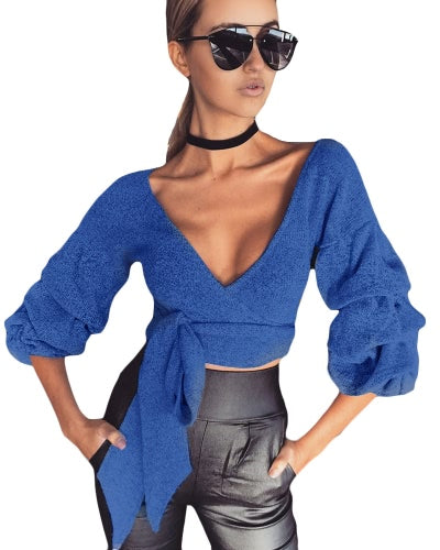 مثير نساء محصول بلوزة عميقة V-neck 3/4 الأكمام الأشرطة