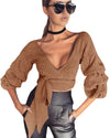 مثير نساء محصول بلوزة عميقة V-neck 3/4 الأكمام الأشرطة