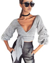 مثير نساء محصول بلوزة عميقة V-neck 3/4 الأكمام الأشرطة