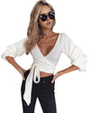 مثير نساء محصول بلوزة عميقة V-neck 3/4 الأكمام الأشرطة