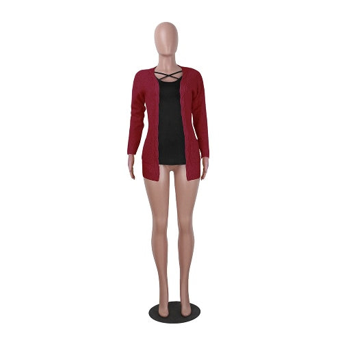 New Winter Autumn Women Knitted Cardigan Sweater Long Sleeves Pockets Elegant Outerwear Burgundy/Coffee/Khaki