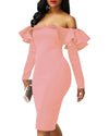 Sexy Women Bodycon Dress Off Shoulder Ruffles Solid Long Sleeves Elegant Party Club Mini Dresses