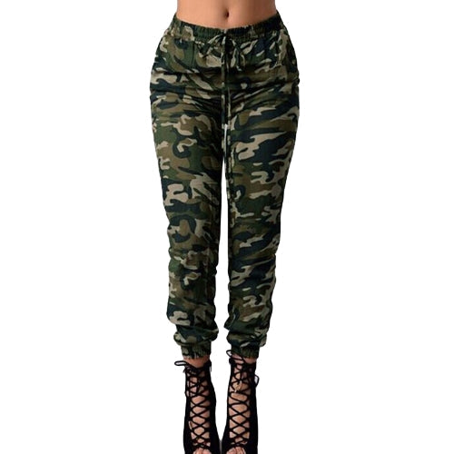 Fashion Women Long Pants Camouflage Print Elastic Waist Casual Camo Trousers Green
