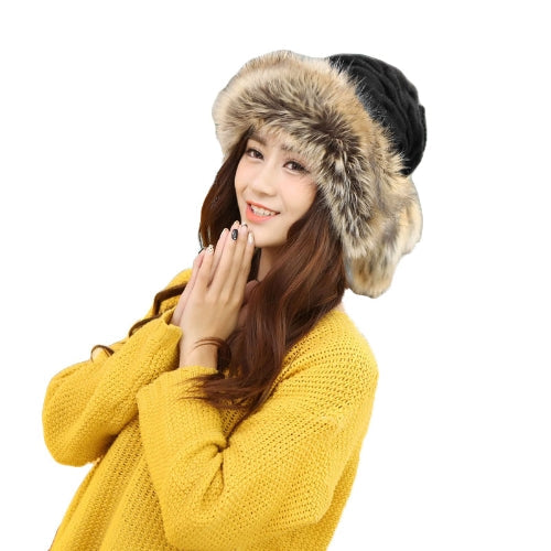 Winter Warm Faux Fur Drawstring Hat Scarf Thicken Knitted Beanie