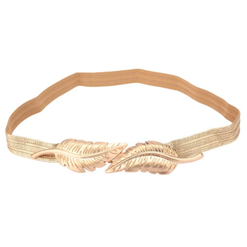 Vintage Women Belt Leaves Clasp Front Stretch Skinny Elastic Belt Waist Strap Gold