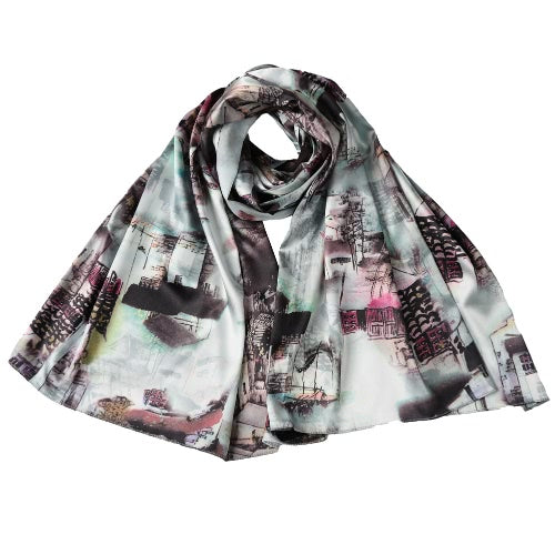 Vintage Women Silk Scarf Chinese Ink And Wash Print Long Scarves Shawl Pashmina