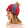 New Women Winter Hat Beanie Knit Cap Contrast Stripe Pom Pom Bead Causal Slouchy Baggy Skullies