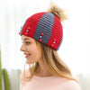 New Women Winter Hat Beanie Knit Cap Contrast Stripe Pom Pom Bead Causal Slouchy Baggy Skullies