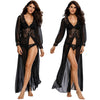 Sexy Women Sheer Long Lace Robe Lingerie Gown Floral Scalloped V Neck Mesh Underwear Nightwear Sleepwear Black