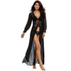 Sexy Women Sheer Long Lace Robe Lingerie Gown Floral Scalloped V Neck Mesh Underwear Nightwear Sleepwear Black