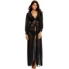 Sexy Women Sheer Long Lace Robe Lingerie Gown Floral Scalloped V Neck Mesh Underwear Nightwear Sleepwear Black