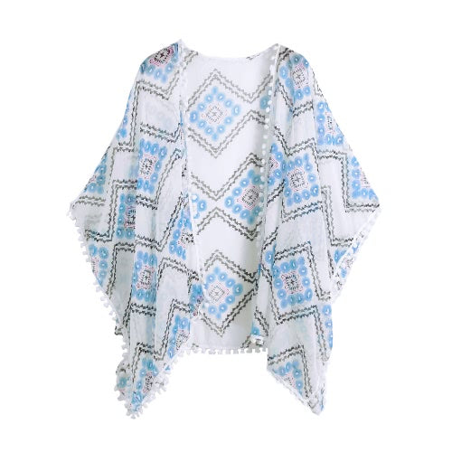 Sexy Women Swimwear Cover Up  Breathable Chiffon Geometric Print Beach Sun-Proof  Bikini Cover Up White