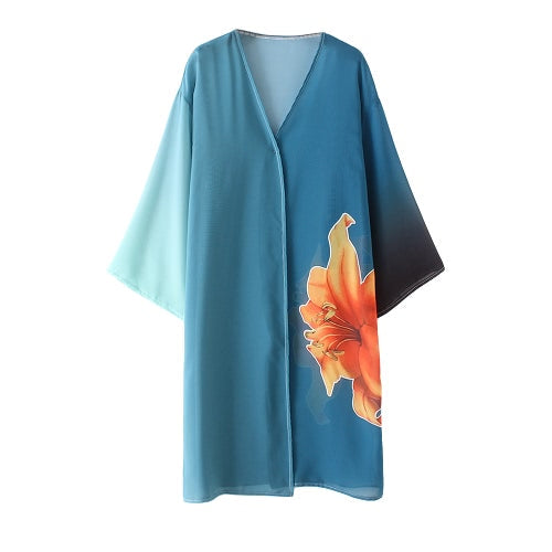 كارديجان شيفون كيمونو نسائي مطبوع عليه زهور بوهو ملابس خارجية فضفاضة ملابس بحر بيكيني غطاء أزرق