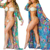 Sexy Women Chiffon Bikini Cover Up Floral Print Bohemia Cardigan Kimono Loose Outerwear Beachwear Green/Blue