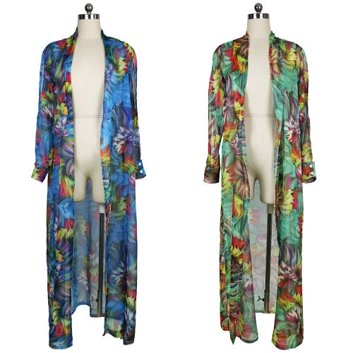 مثير المرأة الشيفون بيكيني التستر الأزهار طباعة بوهيميا سترة كيمونو ملابس خارجية فضفاضة بحر الأخضر/الأزرق