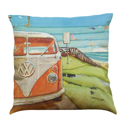 Cartoon Animated Romantic Modern Fashionable Cute Colorful FAW Volkswagen Mini Motorbike Bus Truck Roadster bicycle Recreational Vehicle Caravan Sea Sunshine Designs Patterns Oil Painting Printed Square Cushion Pillowcases Throw Pillow Covers Decorative G