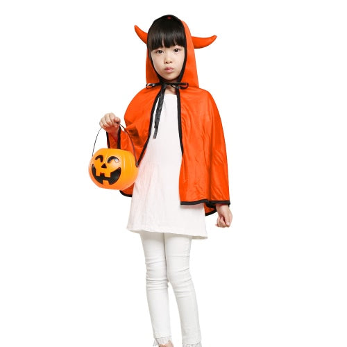 Unisex Kids Halloween Cloak with Ox Horn Hood Cosplay Role Play Party Cape Costumes for Boys Girls Orange