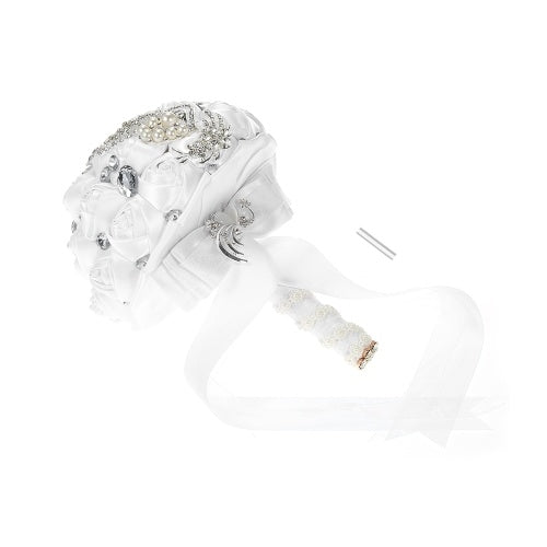 18 سم مصنوعة يدويًا زفاف بروش رينستون باقة ساتان روز مع لآلئ الاصطناعية مزينة لتوازم الزفاف العروس