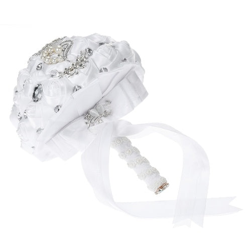 18 سم مصنوعة يدويًا زفاف بروش رينستون باقة ساتان روز مع لآلئ الاصطناعية مزينة لتوازم الزفاف العروس