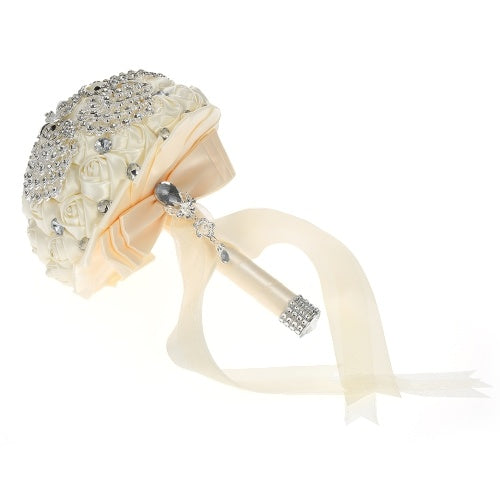 18 سم مصنوعة يدويًا زفاف بروش رينستون باقة زهرة روز لتوازم الزفاف للعروس-أبيض