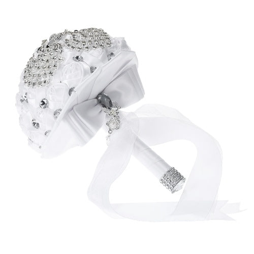 18 سم مصنوعة يدويًا زفاف بروش رينستون باقة زهرة روز لتوازم الزفاف للعروس-أبيض