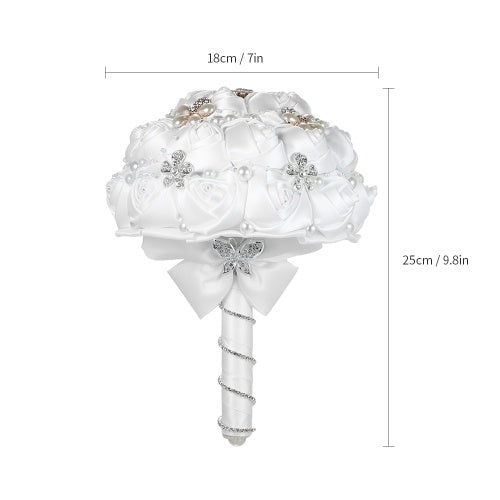 18 سم مصنوعة يدويًا بروش بروش راينستون باقة ساتان روز مع اللؤلؤ الاصطناعي المزينة لمستلزمات الزفاف العروس-البيضاء
