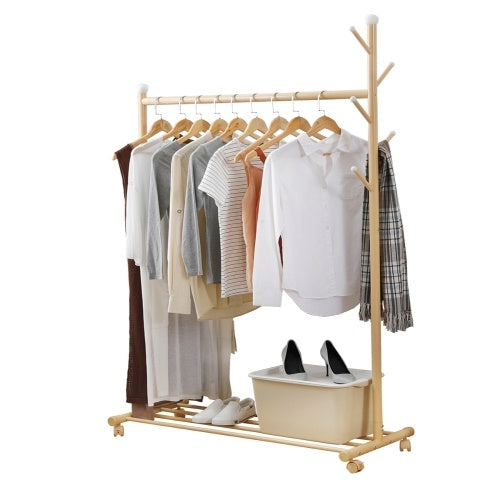 منظم منزلي، رف ملابس متعدد الوظائف، قضيب فولاذي لتعليق الملابس، منظم رف الملابس المتدحرج، شماعات داخلية مع أرفف سفلية، حامل معطف متكامل على عجلات لغرفة النوم، غرفة الملابس، الشرفة