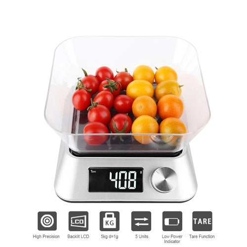 Food Scale with Bowl Digital Kitchen Scale 11lb/ 5kg High Precision Scale Backlight LCD Display Electric Weight for Cooking Baking