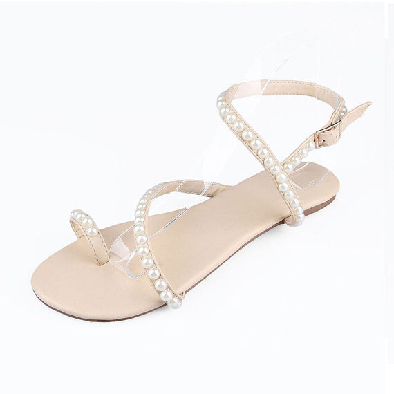 High Quality Pearl Flat Sandals - Beige