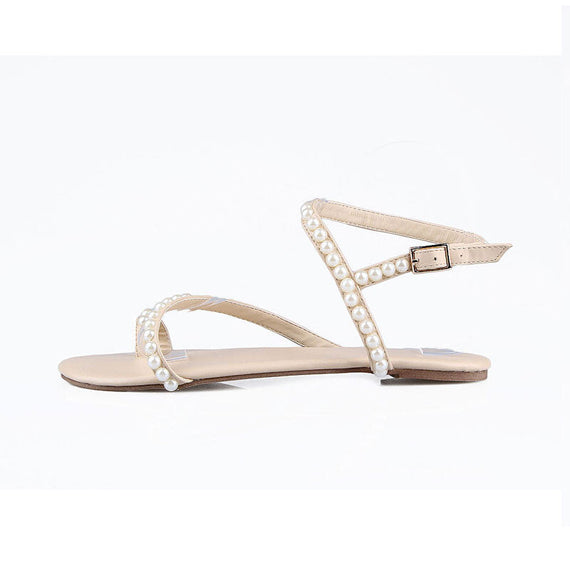 High Quality Pearl Flat Sandals - Beige